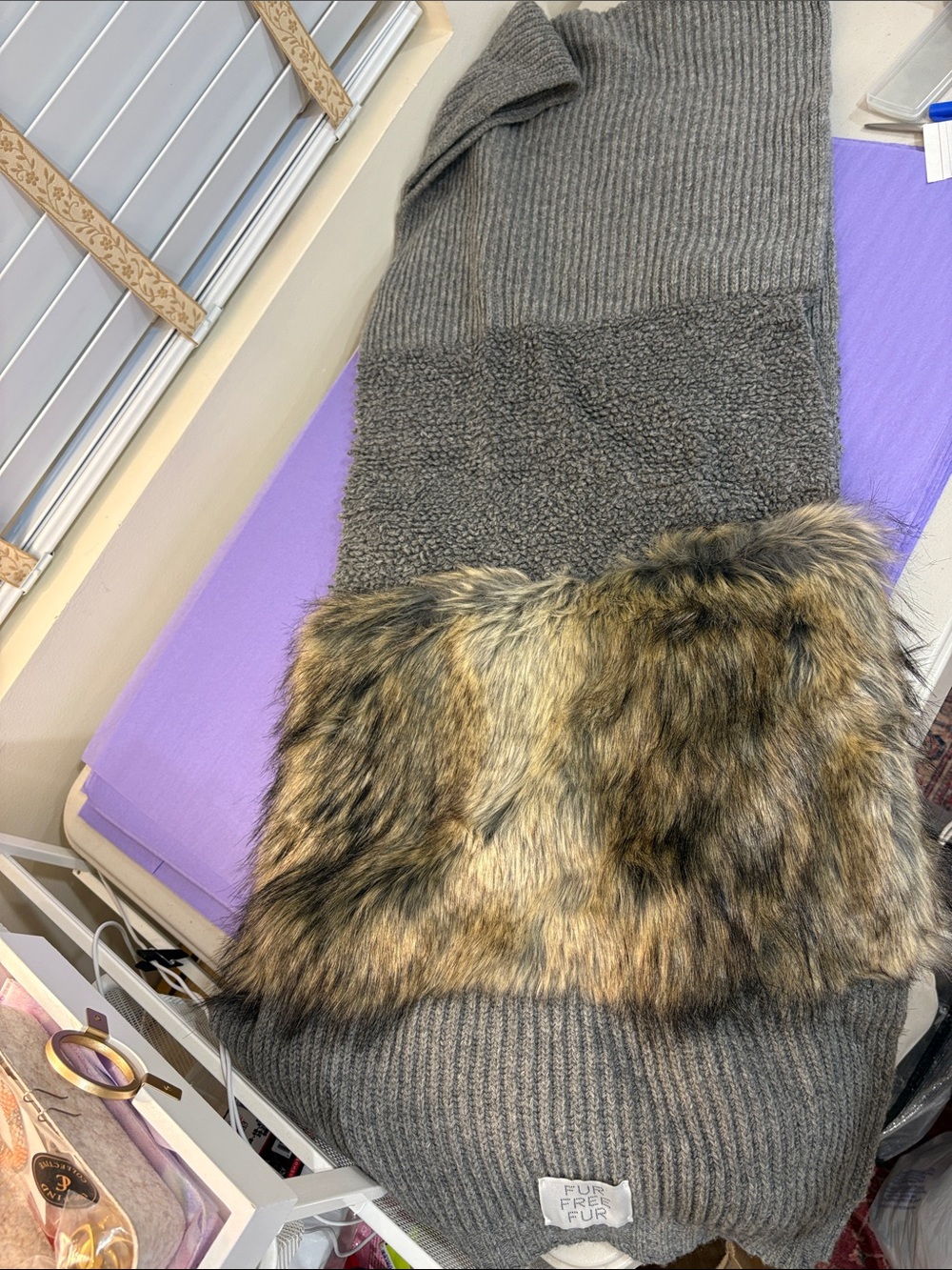 Stella McCartney Gray Knit Scarf with Faux Fur Trim